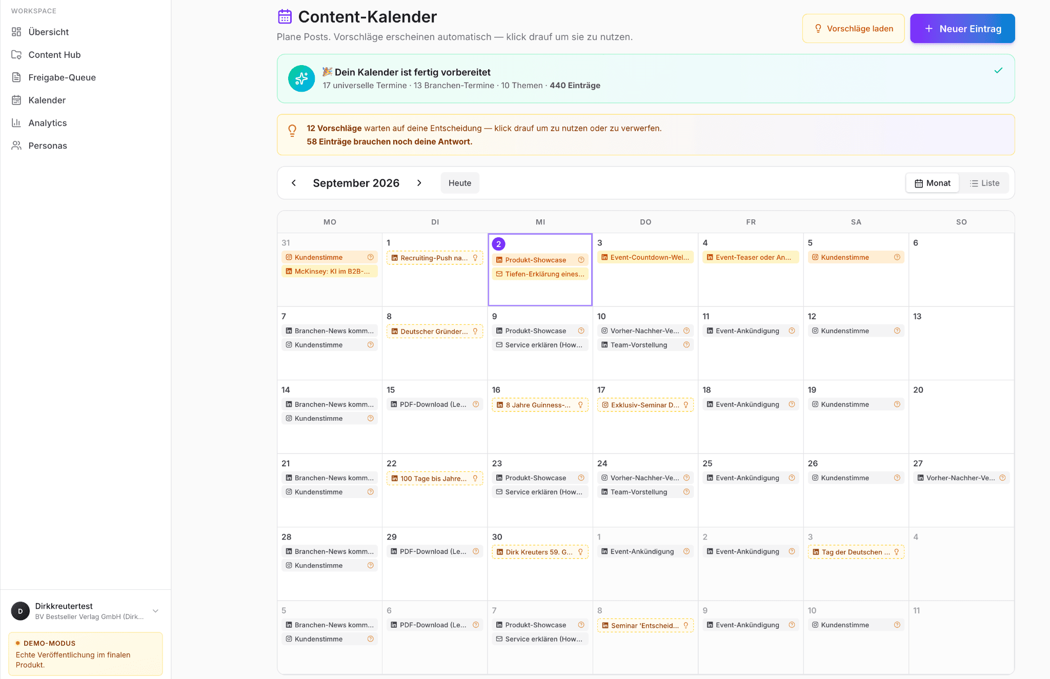 Real 365 Smart Solution content calendar with automatic suggestions and planned social media posts